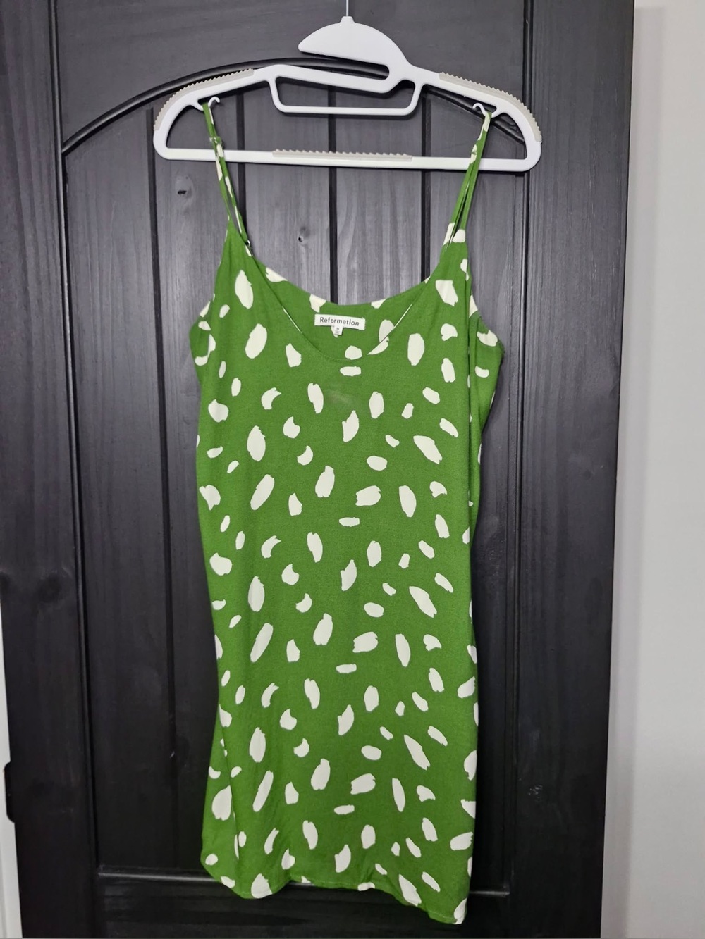 Reformation Green and White Spotted Slip Dress